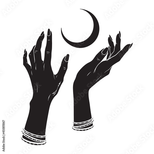 Hand drawn female witch hands holding crescent moon. Flash tattoo, sticker, patch or print design vector illustration.