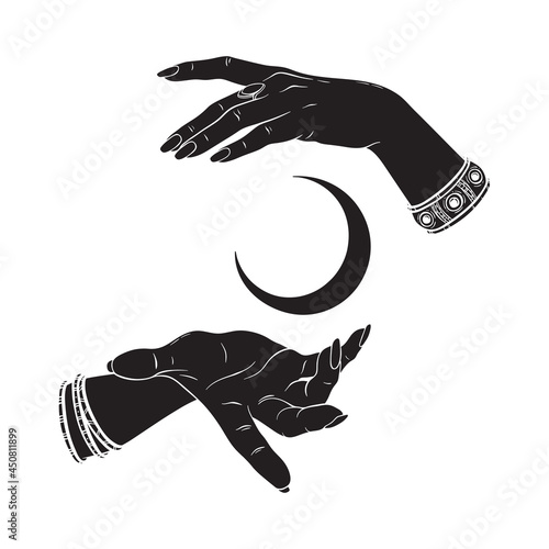 Hand drawn female witch hands holding crescent moon. Flash tattoo, sticker, patch or print design vector illustration.