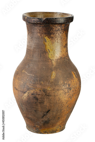 Old clay brown jug isolated on white background. Suitable for drinks that need coolness (e.g.g. milk or wine). Ceramic tableware.
