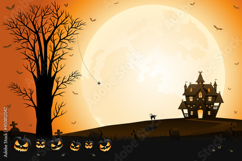 Halloween scary pumpkin faces, haunted house and spooky tree with moonlight on orange background.