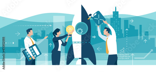 Start up. Cooperation. Teamwork. The team prepares the launch of the project. Business vector concept illustration
