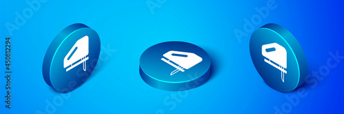 Isometric Electric jigsaw with steel sharp blade icon isolated on blue background. Power tool for woodwork. Blue circle button. Vector