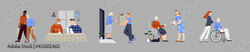 Set of scenes with volunteers taking care of elderly people on grey background. Male and female people help with chores, bringing the grocery, pushing the wheelchair. Flat cartoon vector illustration