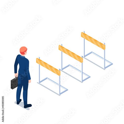 Isometric Businessman Holding Briefcase Standing In Front Of Hurdle Race Obstacle