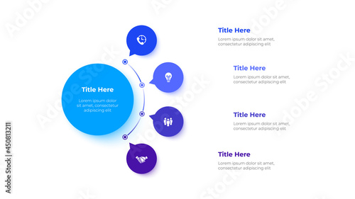 Flow chart infographic business template. Central circle with four circles around it. Vector info graphic design illustration with 4 steps