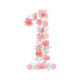 Floral Watercolor Number 1.Number one Made of Flowers. Number Monogram