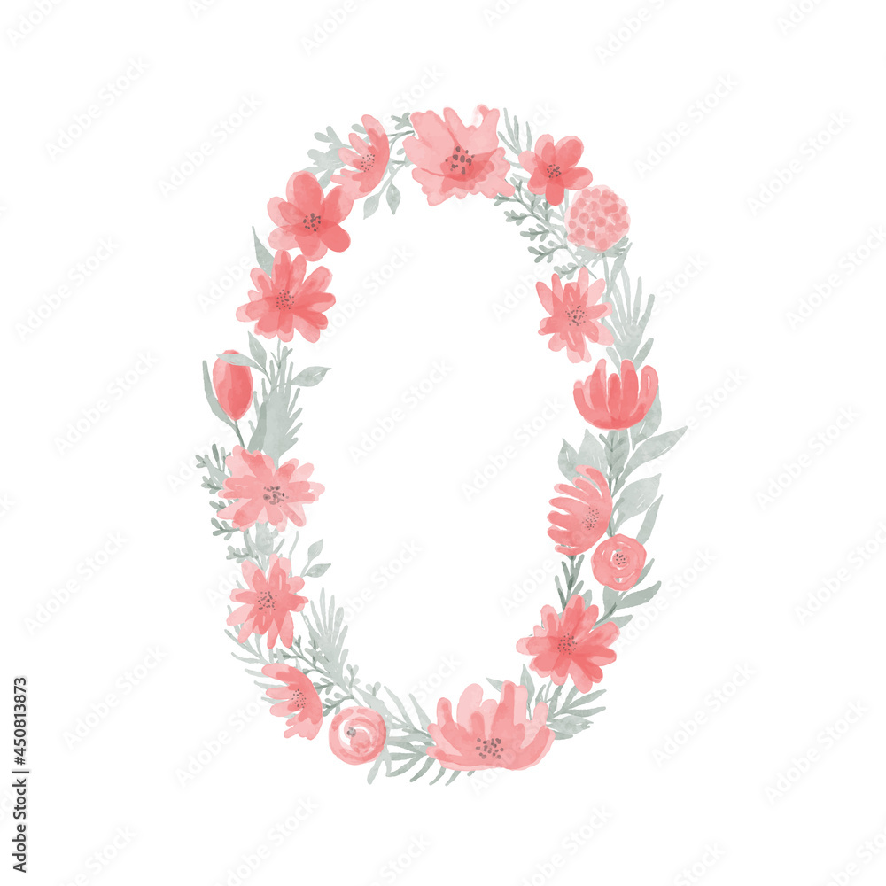 Floral Watercolor Number 0.Number zero Made of Flowers. Number Monogram