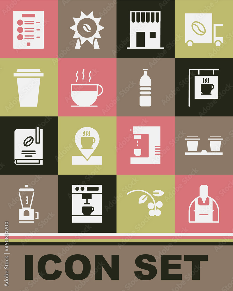 Set Barista, Coffee cup to go, Street signboard coffee, shop, menu and Bottle water icon. Vector Set Barista, Coffee cup to go, Street signboard coffee, shop, menu and Bottle water icon. Vector