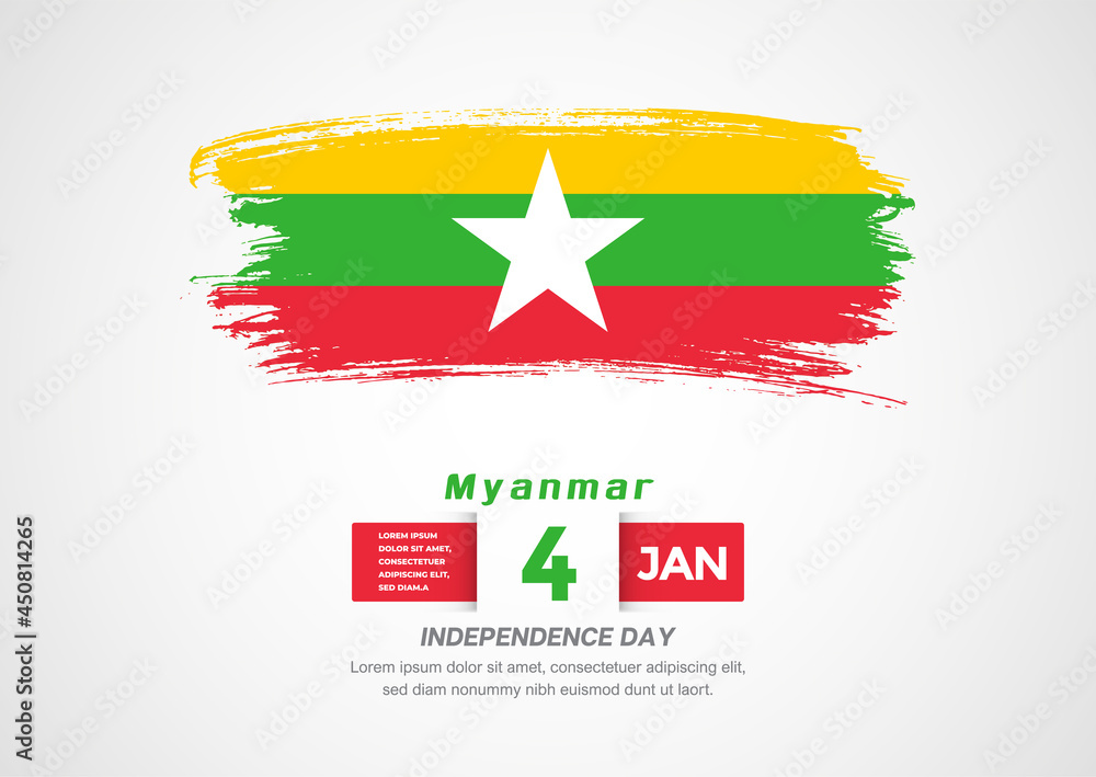 Happy Independence Day of Myanmar. Abstract country flag on hand drawn brush stroke vector patriotic background