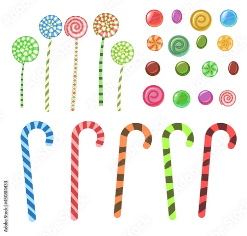 Set. Assorted dessert sweets. Candy caramel. Round lollipops stick and hooks. Flat cartoon background illustration. Vector