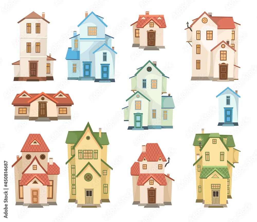Cartoon house. Set. A beautiful, cozy country house in a traditional European style. Collection of Cute funny homes. Isolated on white background. Vector Cartoon house. Set. A beautiful, cozy country house in a traditional European style. Collection of Cute funny homes. Isolated on white background. Vector
