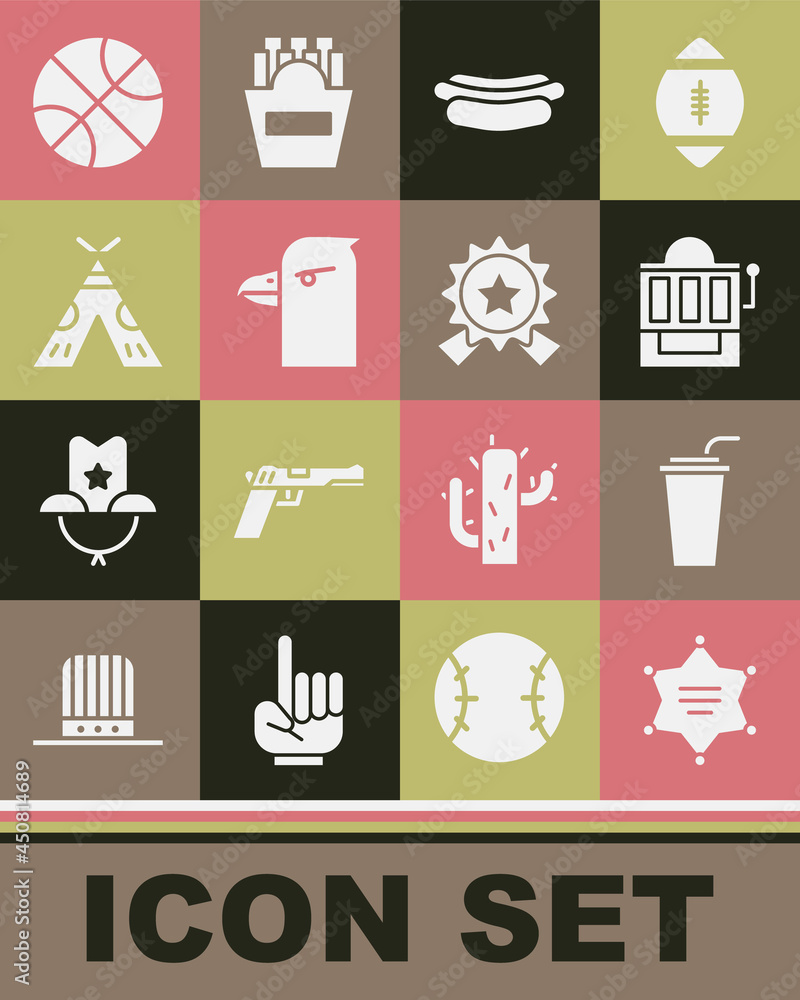 Set Hexagram sheriff, Paper glass with straw, Slot machine, Hotdog sandwich, Eagle head, Indian teepee or wigwam, Basketball ball and Medal star icon. Vector Set Hexagram sheriff, Paper glass with straw, Slot machine, Hotdog sandwich, Eagle head, Indian teepee or wigwam, Basketball ball and Medal star icon. Vector