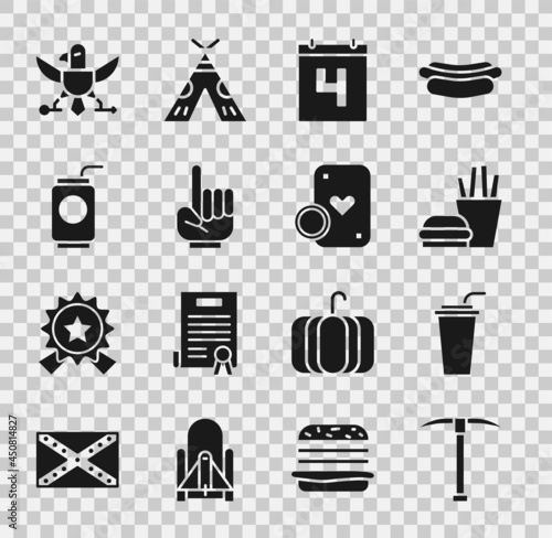 Set Pickaxe, Paper glass with straw, Burger and french fries, Calendar date July 4, Number 1 one fan hand glove, Soda can, Eagle and Casino chip playing cards icon. Vector