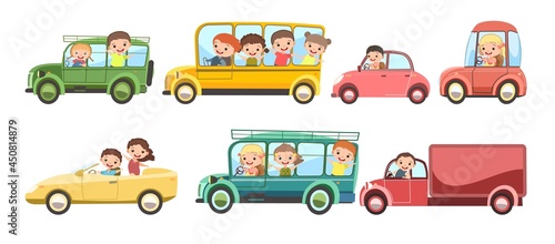 Childrens car. Set. Kids drives different cars, truck and school bus. Toy avehicle. With a motor. Nice passenger auto. Isolated over white background. Vector