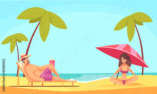 Beach Man With Woman Composition With Sea Coast Doodle Characters People Laying Sand Illustration