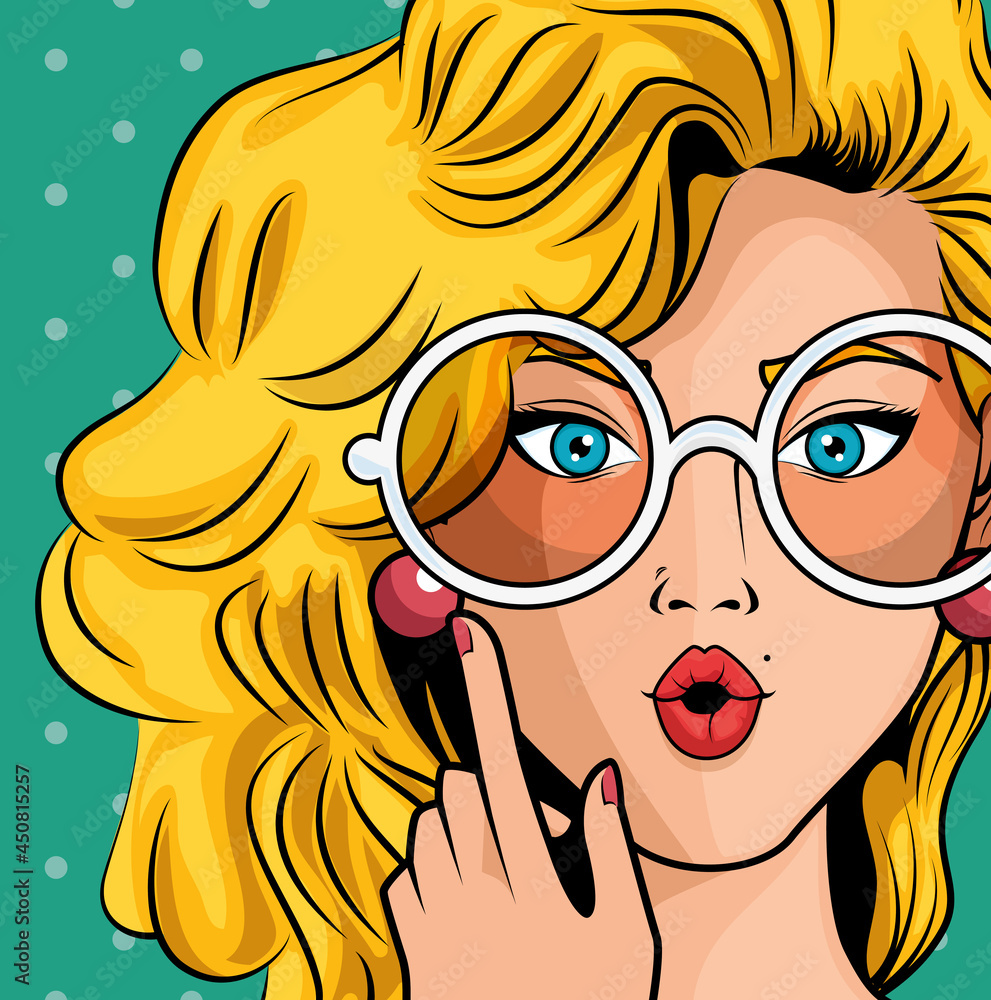 Blonde Woman Comic Like Pop Art Icon Teal Dotted Background