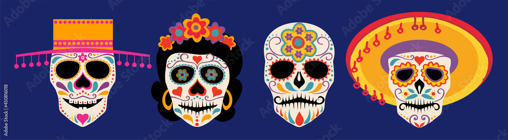 Vector Dia de Los Muertos, Day of the Dead or Mexico Halloween skulls collection. Decoration with sombrero and flowers. Sugar skull. Vector illustration background.