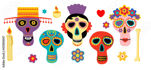 Dead day skulls. Mexican sugar human head bones halloween tattoo dia de los muertos vector set. Dia de los muertos. Design elements for poster, postcard, flyer, banner. Vector illustration