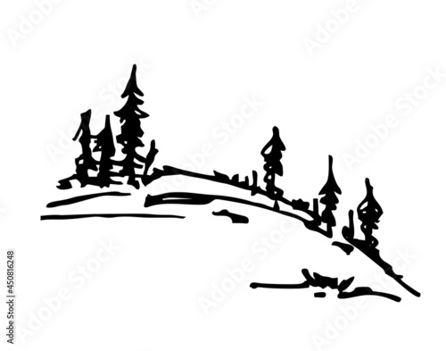 Coniferous trees on the hill sketch. Spruce or pine trees on a hill silhouette Black and white natural landscape. Good for logo, illustration, print on clothes.