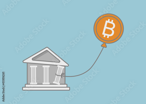 illustration of Cryptocurrency Decentralized(DeFi) destroy traditional bank system. Bitcoin balloon taking column of a bank building. Vector.