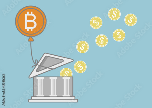 illustration of Cryptocurrency Decentralized(DeFi) destroy traditional bank system. Bitcoin balloon taking roof of a bank building with dollar coins floating out up in the air. Vector.