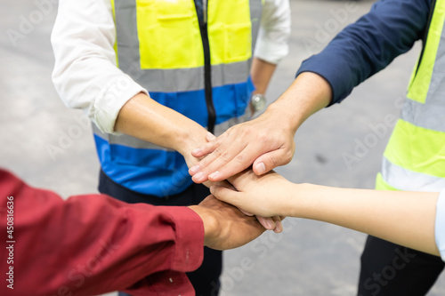 closeup factory people hands coordination to build successful working