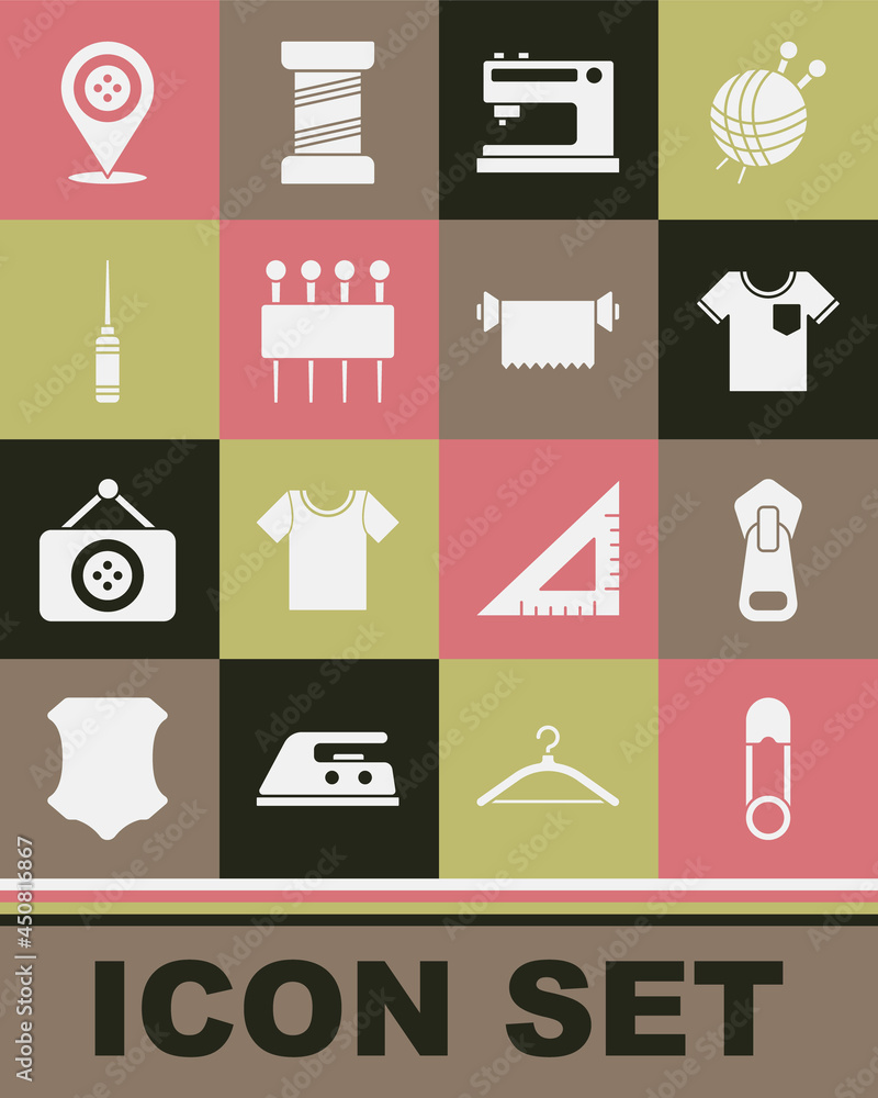 Set Safety pin, Zipper, T-shirt, Sewing machine, Needle for sewing, Awl tool, Location tailor shop and Textile fabric roll icon. Vector Set Safety pin, Zipper, T-shirt, Sewing machine, Needle for sewing, Awl tool, Location tailor shop and Textile fabric roll icon. Vector