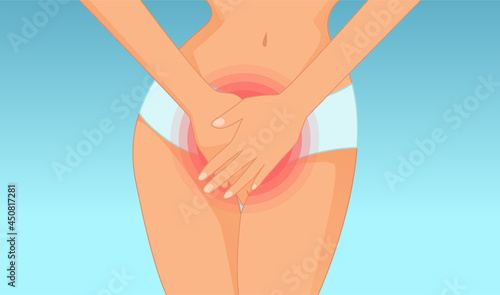 Vector of a young woman with hands holding her crotch lower abdomen