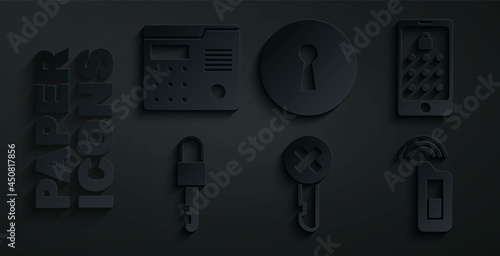 Set Wrong key, Mobile and graphic password, Locked, Car with remote, Keyhole and House intercom system icon. Vector