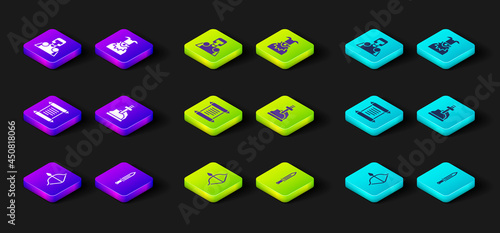 Set Medieval bow and arrow, sword, Decree, parchment, scroll, Sword in the stone, Joker head and knight icon. Vector