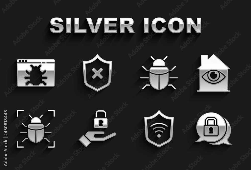 Set Lock in hand, House with eye scan, Cyber security, Shield WiFi wireless, System bug, and cross mark icon. Vector Set Lock in hand, House with eye scan, Cyber security, Shield WiFi wireless, System bug, and cross mark icon. Vector