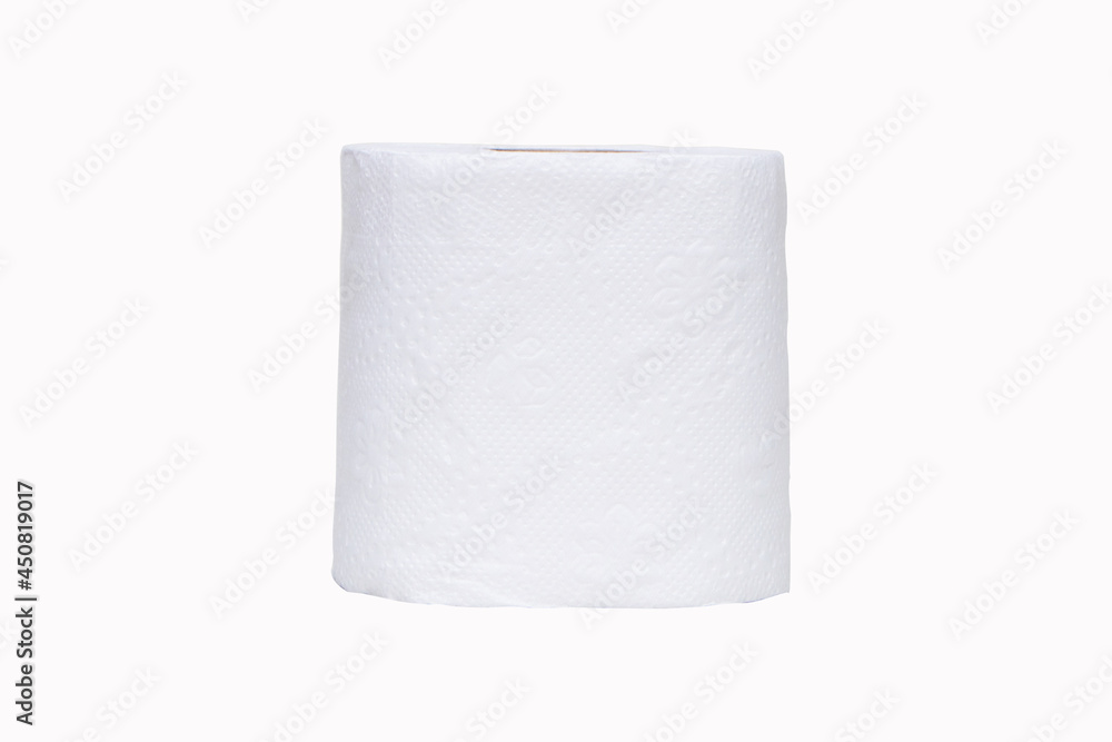 Toilet paper roll sanitary and household, Close up detail of one single clean toilet paper roll. Tissue is a lightweight paper or light crepe paper. Personal hygiene. Isolated on white background. Toilet paper roll sanitary and household, Close up detail of one single clean toilet paper roll. Tissue is a lightweight paper or light crepe paper. Personal hygiene. Isolated on white background.