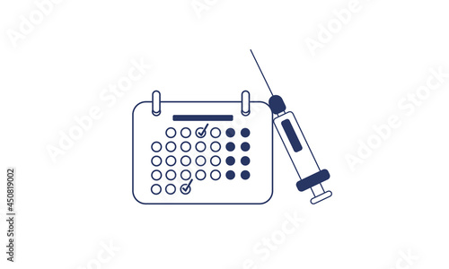 Syringe and calendar with vaccination days. Vaccination concept. Immunization campaign. Vaccine shot. Health care and protection. Vaccine icons. Medical treatment.