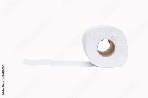 Toilet paper roll sanitary and household, Close up detail of one single clean toilet paper roll. Tissue is lightweight paper or light crepe paper. used all over the world. Isolated on white background