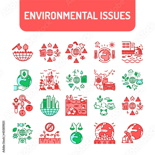 Environmental issues color line icons set.