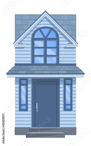 Tiny blue cottage with tiled roof.