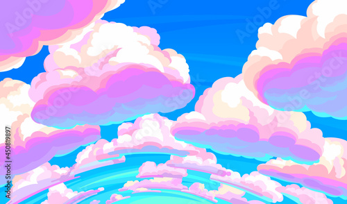 Pink and purple clouds in blue sky.