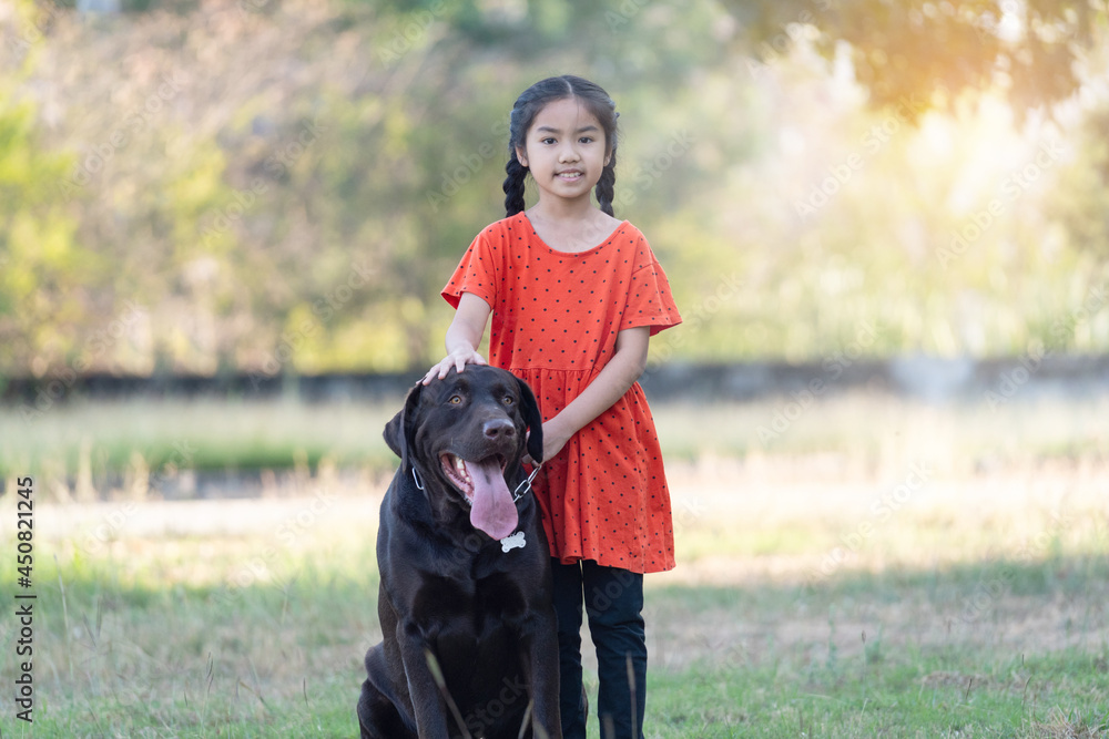 A lovely Southeast Asian child girl in red outfits plays with her big dog in the back or front yard in the evening. Pet lover concept A lovely Southeast Asian child girl in red outfits plays with her big dog in the back or front yard in the evening. Pet lover concept
