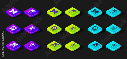 Set Hive for bees, Spider, Book about insect, Beetle deer, Cockroach and Butterfly icon. Vector
