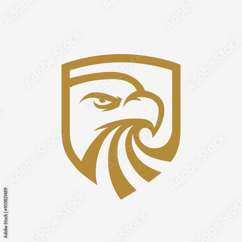 Eagle shield icon design. Hawk head symbol. Gold falcon logo badge. Vector illustration.