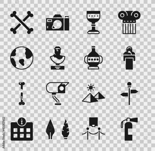 Set Fire extinguisher, Road traffic signpost, Gives lecture, Medieval goblet, Ancient bust sculpture, Earth globe, Crossed human bones and amphorae icon. Vector