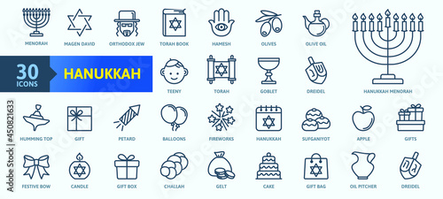 Hanukkah, Jewish festival - thin line web icon set. Outline icons collection. Simple vector illustration. photo