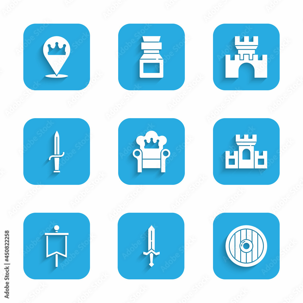 Set Medieval throne, sword, Round wooden shield, Castle, fortress, flag, Dagger, and Location king crown icon. Vector Set Medieval throne, sword, Round wooden shield, Castle, fortress, flag, Dagger, and Location king crown icon. Vector