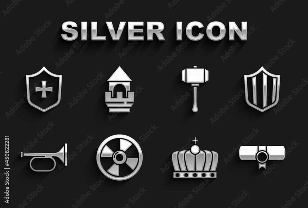 Set Round wooden shield, Shield, Decree, parchment, scroll, King crown, Trumpet, Hammer, and Castle tower icon. Vector Set Round wooden shield, Shield, Decree, parchment, scroll, King crown, Trumpet, Hammer, and Castle tower icon. Vector