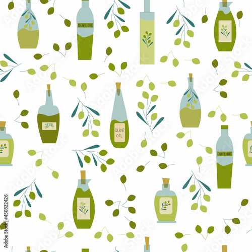 Seamless pattern of different types of bottles with olive oil and olive branches. Vector illustration