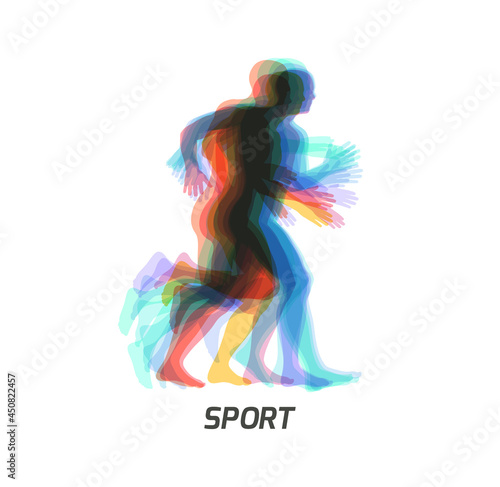 Runners group in motion. Design for sport. Emblem for marathon and jogging. Transparent overlapping colors silhouettes. Vector illustration for print, web site, poster, placard or wallpaper.