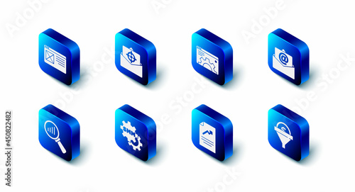 Set Mail and e-mail, Browser setting, Lead management, Document with graph chart, Social media marketing, Magnifying glass analysis and window icon. Vector