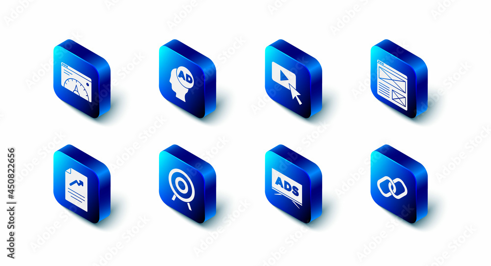 Set Advertising, Browser window, Chain link, Target sport, Document with graph chart and Website statistic icon. Vector Set Advertising, Browser window, Chain link, Target sport, Document with graph chart and Website statistic icon. Vector
