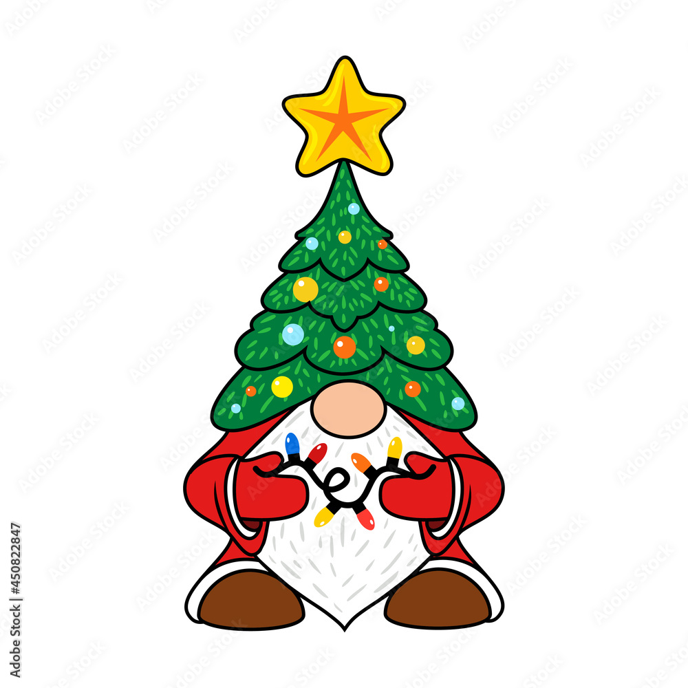 Christmas tree gnome with a garland. Vector isolated cartoon ...