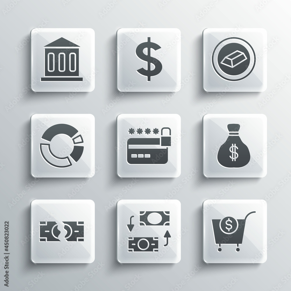 Set Money exchange, Shopping cart and dollar, bag, Credit card with lock, Tearing money banknote, Pie chart infographic, Bank building and Gold bars icon. Vector Set Money exchange, Shopping cart and dollar, bag, Credit card with lock, Tearing money banknote, Pie chart infographic, Bank building and Gold bars icon. Vector